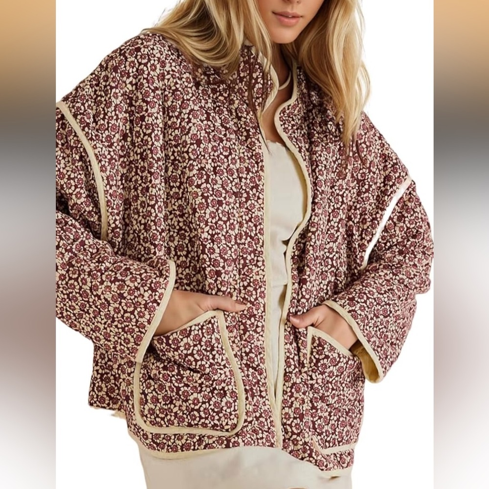 Quilted Floral Burgundy Jacket with Cream Trim